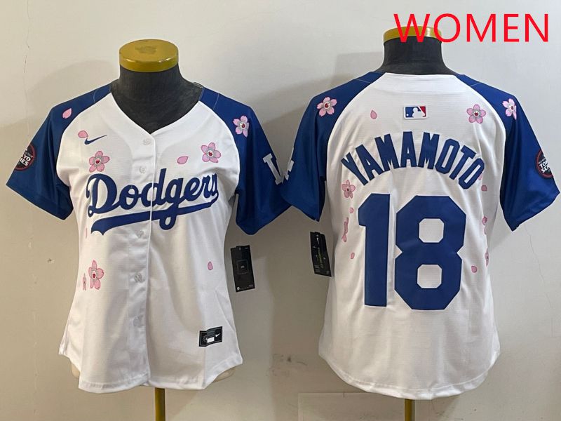 Women Los Angeles Dodgers #18 Yamamoto White Blue Sakura Edition 2025 Nike MLB Jersey style 1->women mlb jersey->Women Jersey